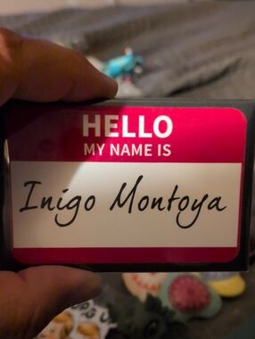 Hello My Name‎ Is Inigo Montoya Name Badge Sticker - Pink & White